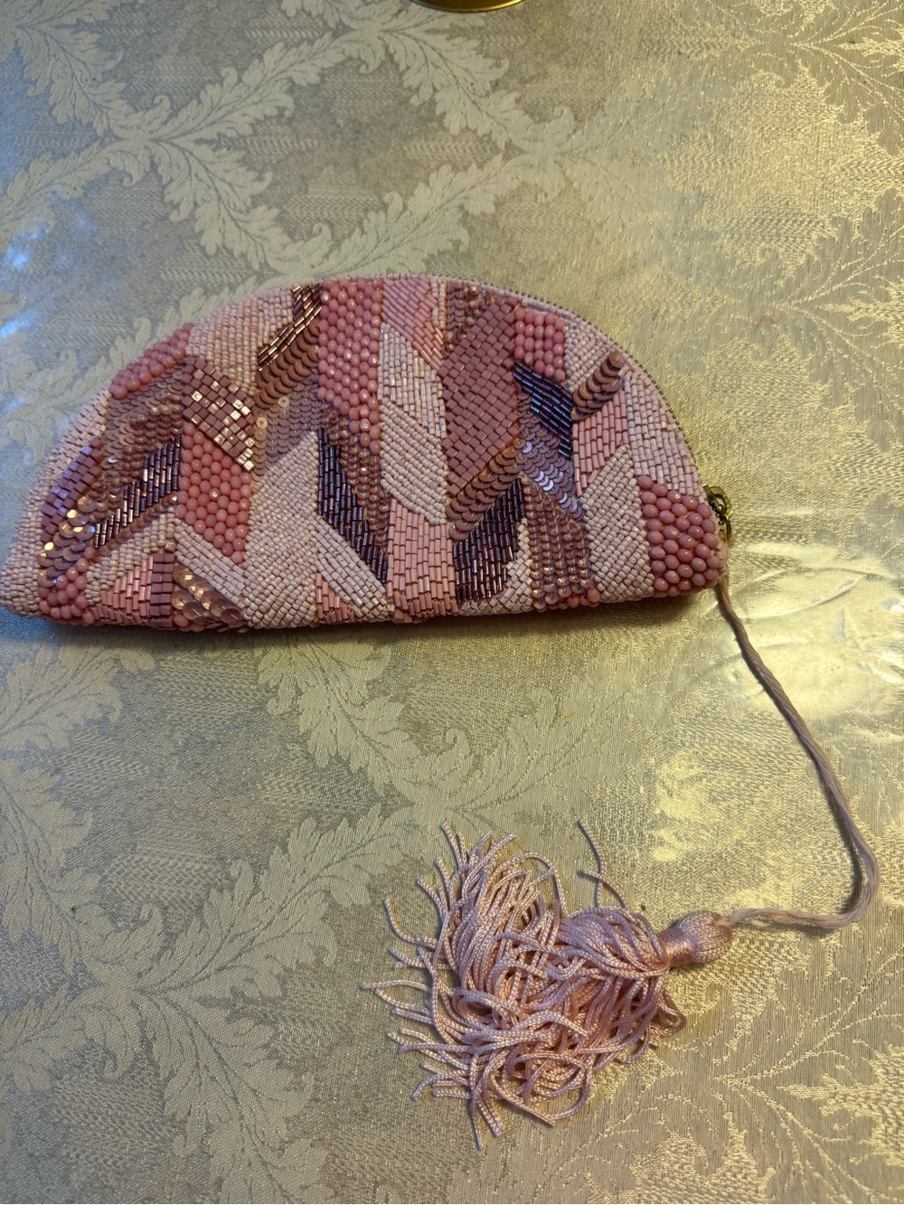 Anthropologie Pink Beaded Sequin Crescent Clutch Bag Tassel Pouch Half Moon